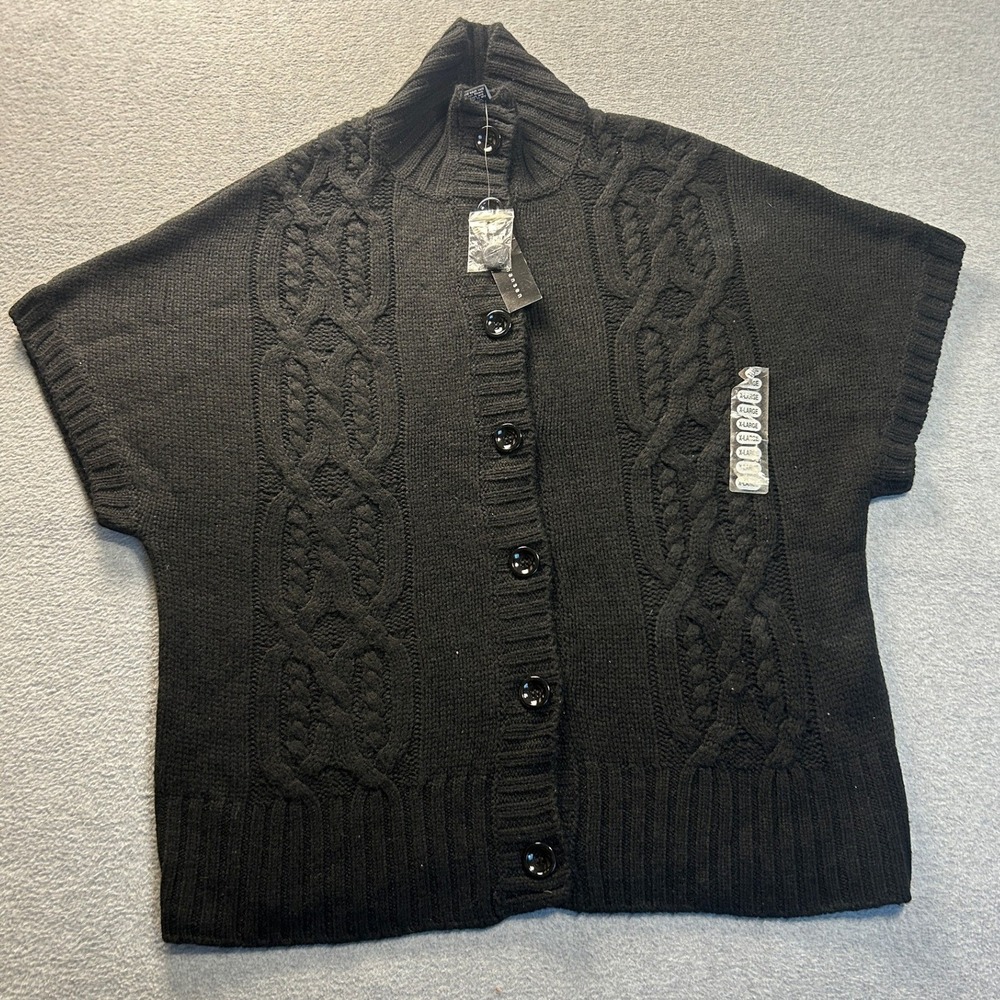 Lauren Hansen Button Cardigan Womens XL Black Cable Knit Short Sleeve Wool Blend